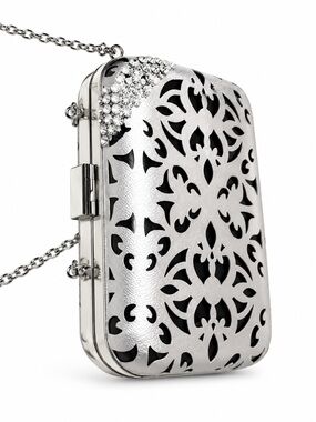 Silver Cut-Out Barrel Clutch with Rhinestone Accent, Vintage